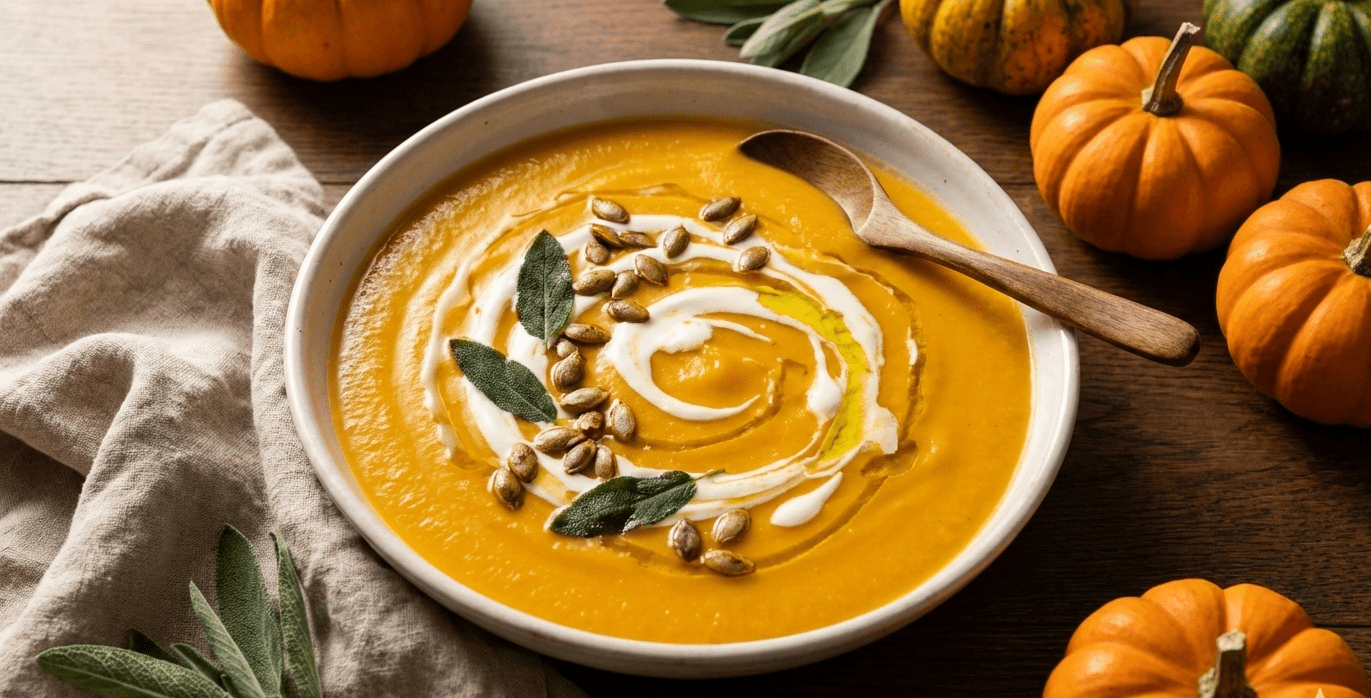 طبق شوربة كريمة قرع جوز برتقالية ناعمة مزينة بالقشطة الطازجة من المراعي الدمشقية وبذور القرع المحمصة، مع ملعقة خشبية على الطاولة."