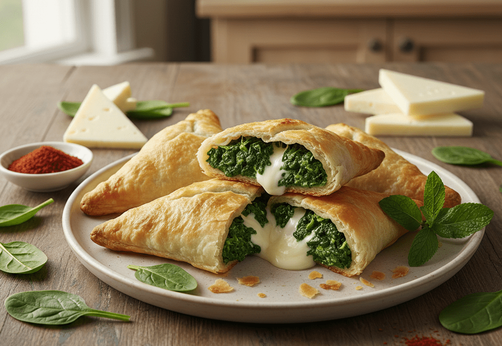 طبق فطاير السبانخ الذهبية الهشة محشوة بجبنة المثلثات الكريمية الذائبة من علامة المنفوش، مع أوراق السبانخ الطازجة والتوابل